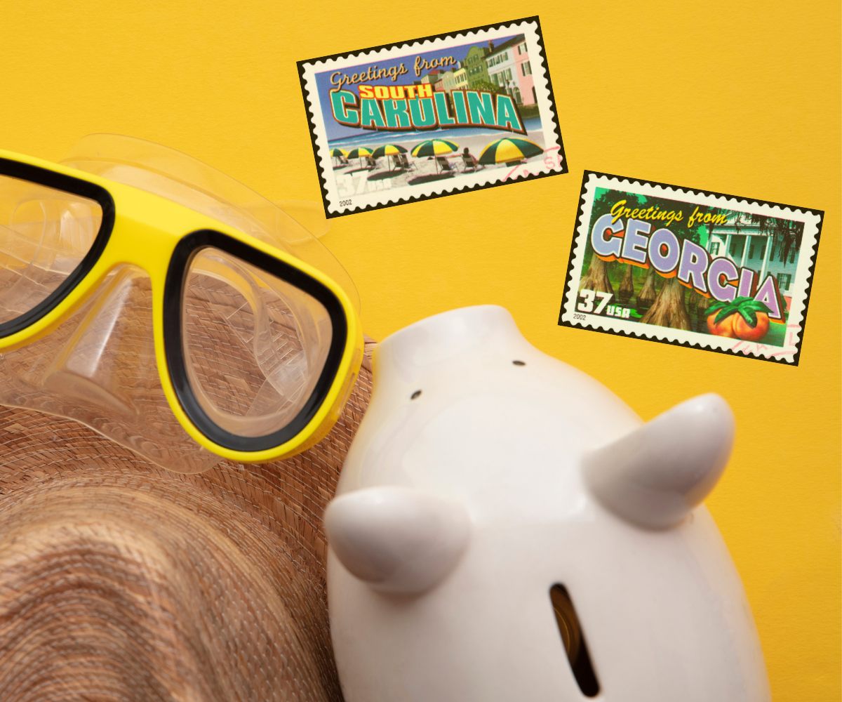 Planning a BUDGET-FRIENDLY VACATION IN GEORGIA OR SOUTH CAROLINA - Piggy bank with sun hat and greetings from South Carolina and Georgia post cards